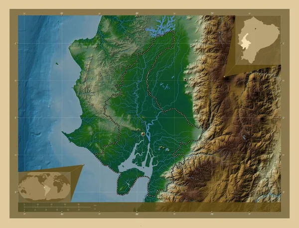 Guayas Επαρχία Εκουαδόρ Χρωματιστός Υψομετρικός Χάρτης Λίμνες Και Ποτάμια Γωνιακοί — Φωτογραφία Αρχείου