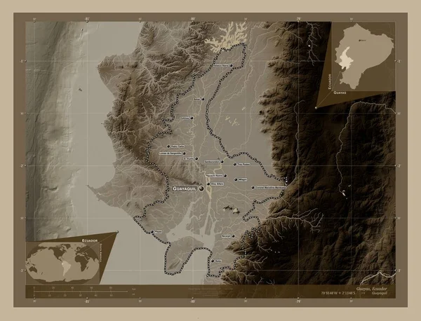 Guayas, province of Ecuador. Elevation map colored in sepia tones with lakes and rivers. Locations and names of major cities of the region. Corner auxiliary location maps