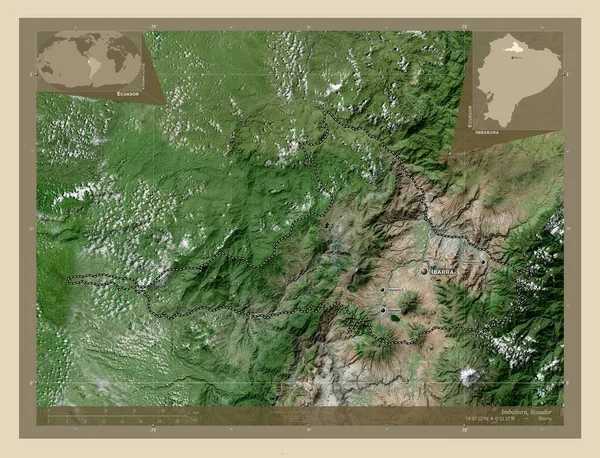 厄瓜多尔的因巴布拉省 高分辨率卫星地图 该区域主要城市的地点和名称 角辅助位置图 — 图库照片