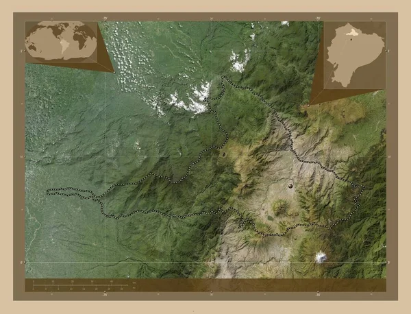 Imbabura, province of Ecuador. Low resolution satellite map. Corner auxiliary location maps