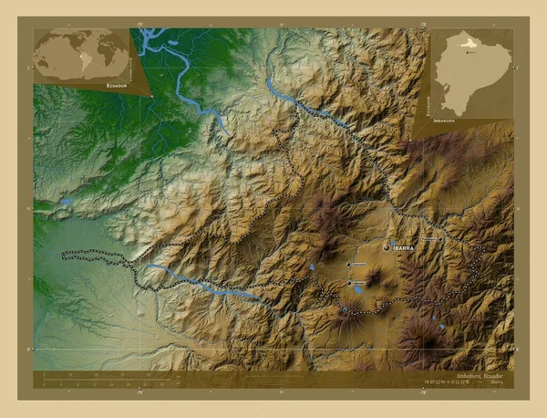 エクアドルのインバブラ州 湖や川と色の標高マップ 地域の主要都市の位置と名前 コーナー補助位置図 — ストック写真