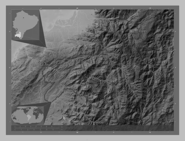 エクアドルのロハ県 湖や川とグレースケールの標高マップ 地域の主要都市の場所 コーナー補助位置図 — ストック写真