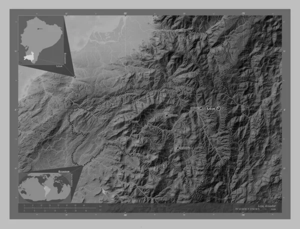 Loja Province Ecuador Grayscale Elevation Map Lakes Rivers Locations Names — Stock Photo, Image