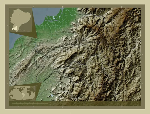 Loja, province of Ecuador. Elevation map colored in wiki style with lakes and rivers. Locations of major cities of the region. Corner auxiliary location maps