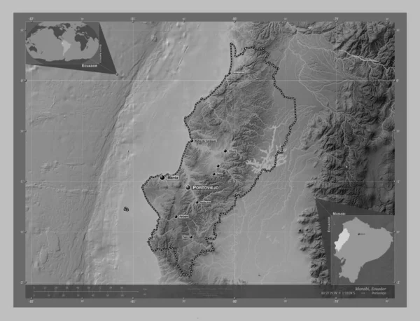 Manabi, province of Ecuador. Grayscale elevation map with lakes and rivers. Locations and names of major cities of the region. Corner auxiliary location maps
