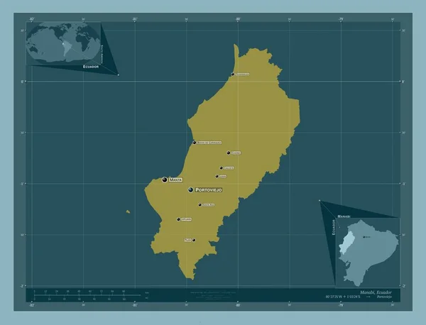厄瓜多尔省Manabi 固体的颜色形状 该区域主要城市的地点和名称 角辅助位置图 — 图库照片