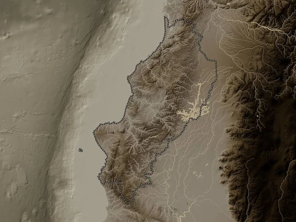 Manabi, province of Ecuador. Elevation map colored in sepia tones with lakes and rivers