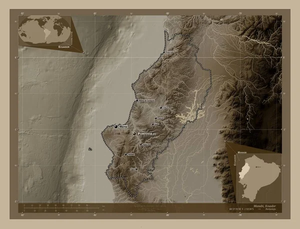 Manabi, province of Ecuador. Elevation map colored in sepia tones with lakes and rivers. Locations and names of major cities of the region. Corner auxiliary location maps