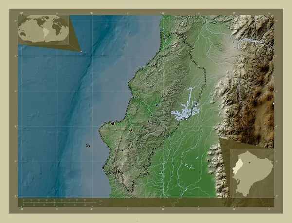 Manabi, province of Ecuador. Elevation map colored in wiki style with lakes and rivers. Locations of major cities of the region. Corner auxiliary location maps