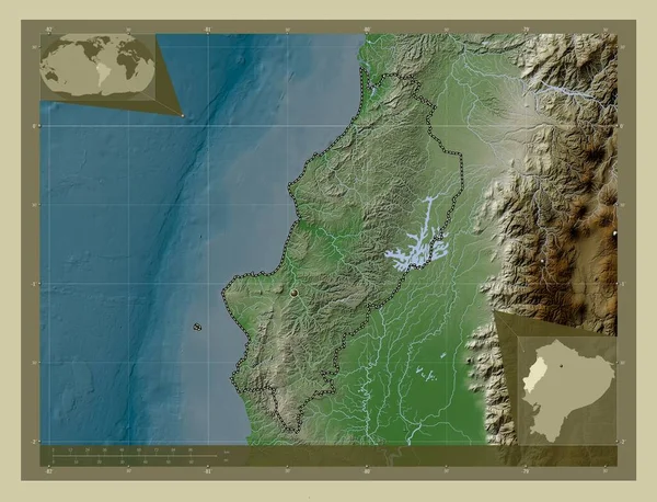 Manabi, province of Ecuador. Elevation map colored in wiki style with lakes and rivers. Corner auxiliary location maps