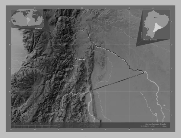Morona Santiago, province of Ecuador. Grayscale elevation map with lakes and rivers. Locations and names of major cities of the region. Corner auxiliary location maps