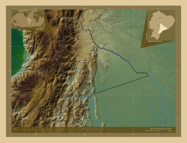 エクアドルのモロナ サンティアゴ 湖や川と色の標高マップ 地域の主要都市の位置と名前 コーナー補助位置図 — ストック写真