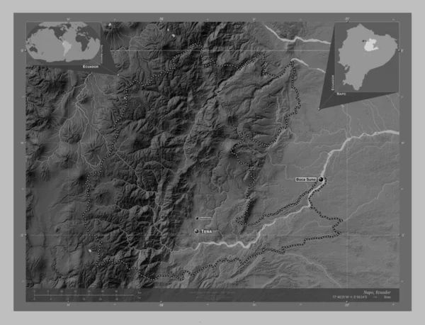 エクアドルのナポ州 湖や川とグレースケールの標高マップ 地域の主要都市の位置と名前 コーナー補助位置図 — ストック写真
