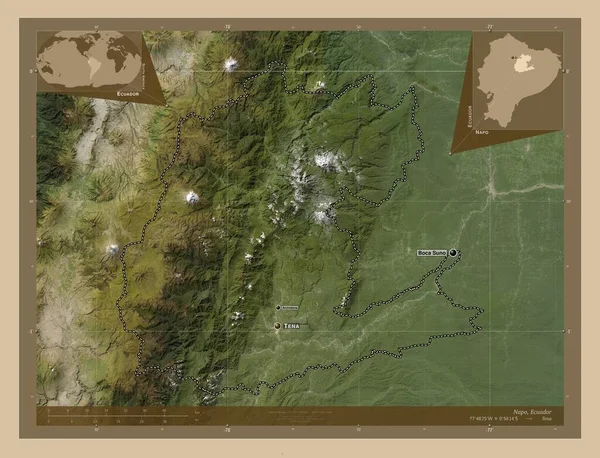 厄瓜多尔Napo省 低分辨率卫星地图 该区域主要城市的地点和名称 角辅助位置图 — 图库照片