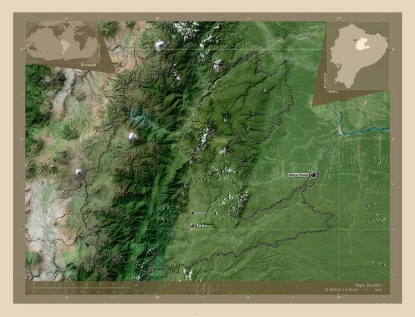 厄瓜多尔Napo省 高分辨率卫星地图 该区域主要城市的地点和名称 角辅助位置图 — 图库照片