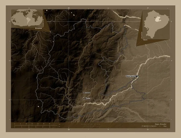Напо Провинция Эквадор Карта Высоты Окрашенная Сепиевые Тона Озерами Реками — стоковое фото