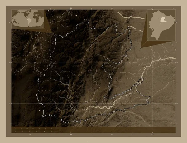 Napo, province of Ecuador. Elevation map colored in sepia tones with lakes and rivers. Corner auxiliary location maps