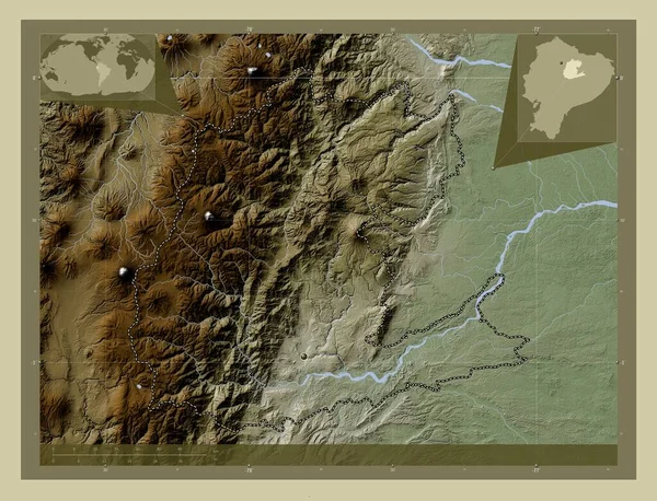 厄瓜多尔Napo省 用Wiki风格绘制的带有湖泊和河流的高程地图 角辅助位置图 — 图库照片