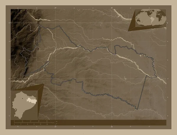 Orellana Province Ecuador Elevation Map Colored Sepia Tones Lakes Rivers — Stock Photo, Image