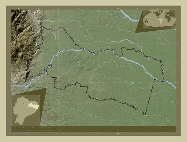 Orellana, province of Ecuador. Elevation map colored in wiki style with lakes and rivers. Corner auxiliary location maps