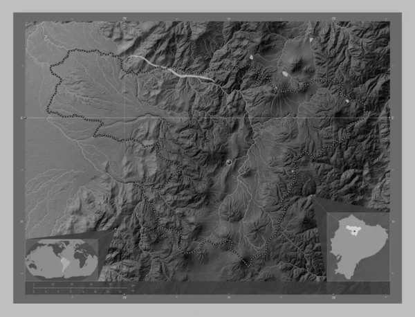 Pichincha, province of Ecuador. Grayscale elevation map with lakes and rivers. Corner auxiliary location maps