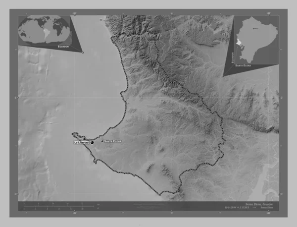 Santa Elena, province of Ecuador. Grayscale elevation map with lakes and rivers. Locations and names of major cities of the region. Corner auxiliary location maps