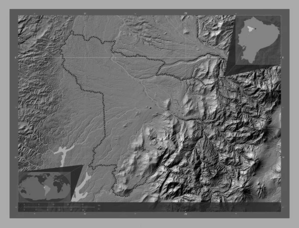 エクアドルの州 サントドミンゴ ツァヒラス 湖や川と二階の標高マップ 地域の主要都市の場所 コーナー補助位置図 — ストック写真