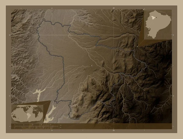 厄瓜多尔省圣多明各德洛斯查奇拉斯 高程图 用深紫色调涂上湖泊和河流 该区域主要城市的所在地点 角辅助位置图 — 图库照片