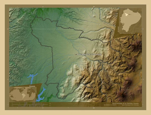 エクアドルの州 サントドミンゴ ツァヒラス 湖や川と色の標高マップ 地域の主要都市の位置と名前 コーナー補助位置図 — ストック写真