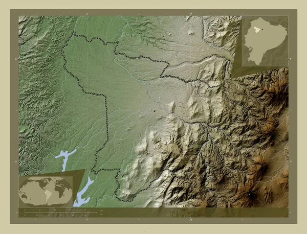 エクアドルの州 サントドミンゴ ツァヒラス 湖や川とWikiスタイルで着色された標高マップ コーナー補助位置図 — ストック写真