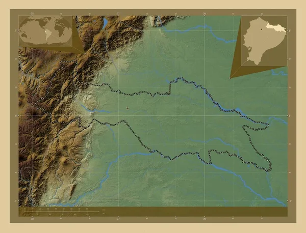 Sucumbios, province of Ecuador. Colored elevation map with lakes and rivers. Locations of major cities of the region. Corner auxiliary location maps