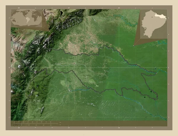 Sucumbios, province of Ecuador. High resolution satellite map. Corner auxiliary location maps