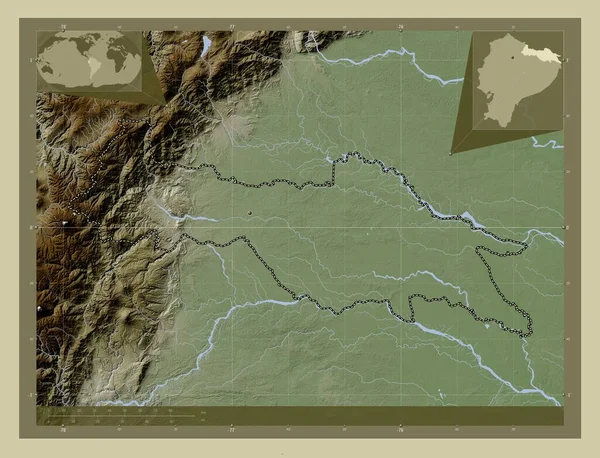 苏昆比奥斯 厄瓜多尔省 用Wiki风格绘制的带有湖泊和河流的高程地图 该区域主要城市的所在地点 角辅助位置图 — 图库照片