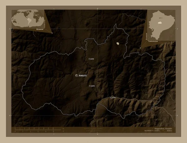 Tungurahua, province of Ecuador. Elevation map colored in sepia tones with lakes and rivers. Locations and names of major cities of the region. Corner auxiliary location maps