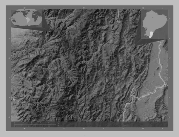 Zamora Chinchipe, province of Ecuador. Grayscale elevation map with lakes and rivers. Corner auxiliary location maps