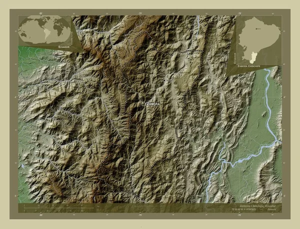 Zamora Chinchipe, province of Ecuador. Elevation map colored in wiki style with lakes and rivers. Locations and names of major cities of the region. Corner auxiliary location maps