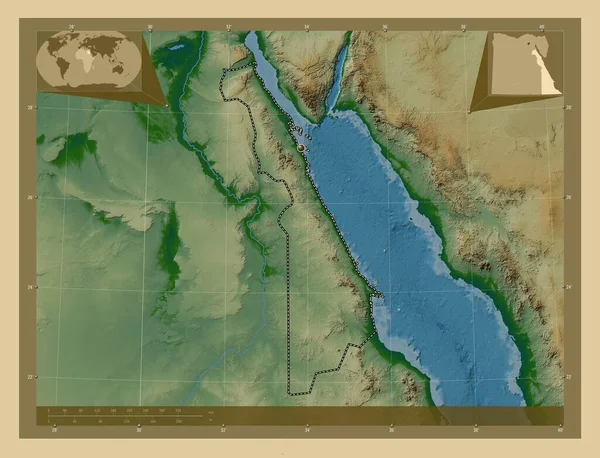 Bahr Ahmar 埃及省 有湖泊和河流的彩色高程图 角辅助位置图 — 图库照片