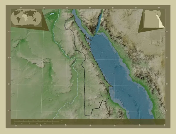 Bahr Ahmar 埃及省 用Wiki风格绘制的带有湖泊和河流的高程地图 该区域主要城市的所在地点 角辅助位置图 — 图库照片