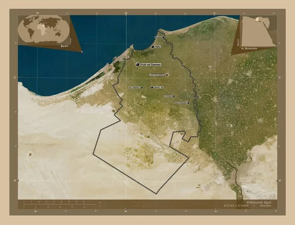 Buhayrah 埃及省 低分辨率卫星地图 该区域主要城市的地点和名称 角辅助位置图 — 图库照片