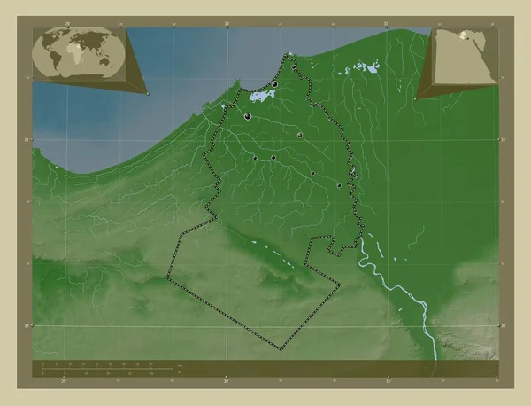 Buhayrah 埃及省 用Wiki风格绘制的带有湖泊和河流的高程地图 该区域主要城市的所在地点 角辅助位置图 — 图库照片