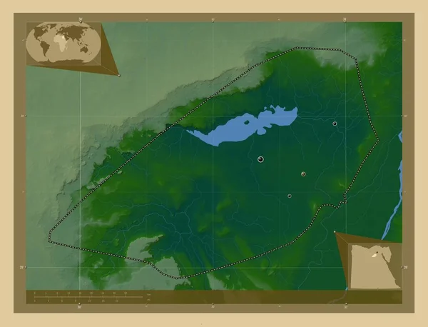 Fayyum Gobernación Egipto Mapa Elevación Colores Con Lagos Ríos Ubicaciones —  Fotos de Stock