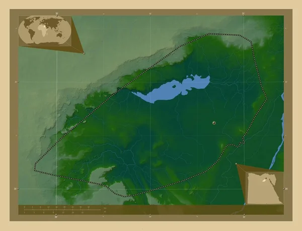Аль Файюм Провинция Египет Цветная Карта Высоты Озерами Реками Вспомогательные — стоковое фото