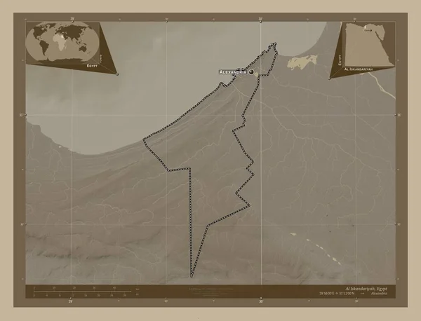 Al Iskandariyah, governorate of Egypt. Elevation map colored in sepia tones with lakes and rivers. Locations and names of major cities of the region. Corner auxiliary location maps