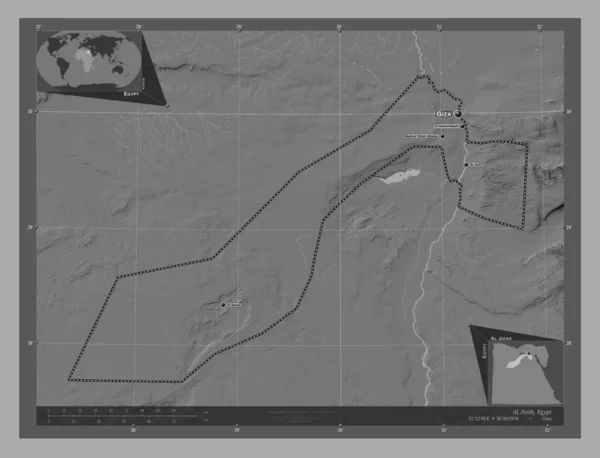 エジプトの統治者アル イザヤ 湖や川と二階の標高マップ 地域の主要都市の位置と名前 コーナー補助位置図 — ストック写真