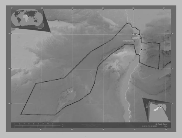 Jizah Gubernator Egiptu Mapa Wzniesień Skali Szarości Jeziorami Rzekami Lokalizacje — Zdjęcie stockowe
