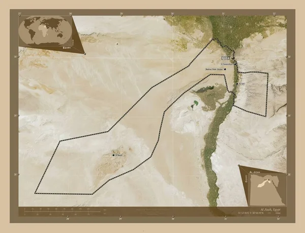Jizah 埃及省 低分辨率卫星地图 该区域主要城市的地点和名称 角辅助位置图 — 图库照片