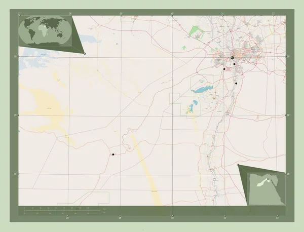 Jizah 埃及省 开放街道地图 该区域主要城市的所在地点 角辅助位置图 — 图库照片