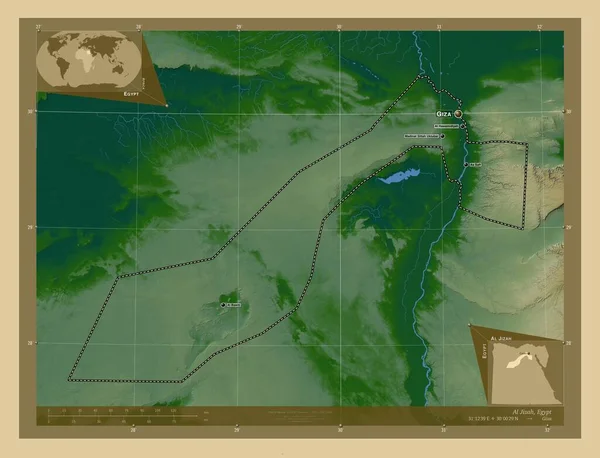 Jizah Gubernator Egiptu Kolorowa Mapa Wzniesień Jeziorami Rzekami Lokalizacje Nazwy — Zdjęcie stockowe