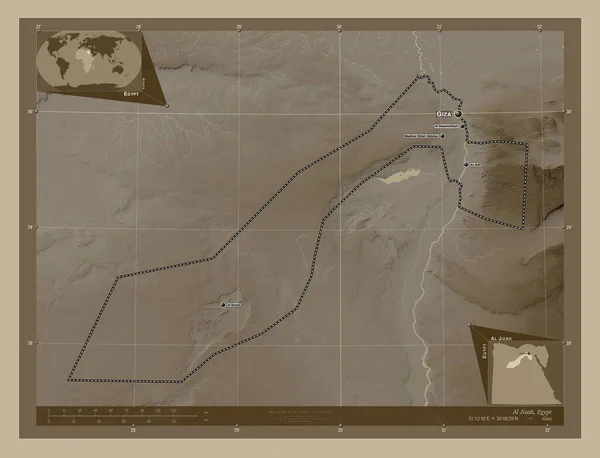 Jizah Governatorato Egitto Mappa Elevazione Colorata Toni Seppia Con Laghi — Foto Stock