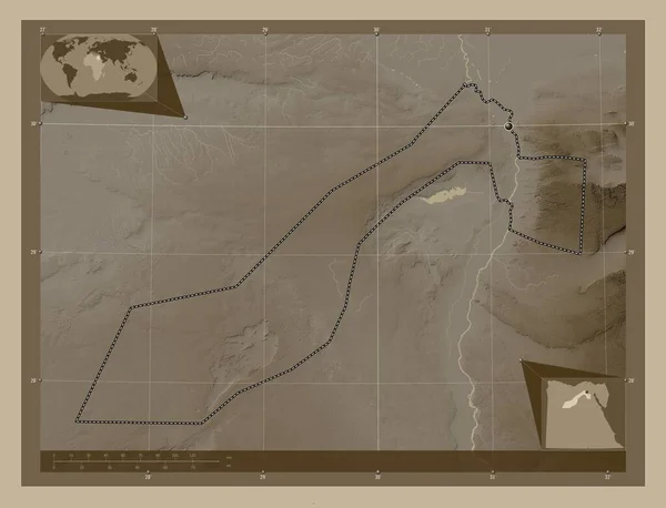 Al Jizah, governorate of Egypt. Elevation map colored in sepia tones with lakes and rivers. Corner auxiliary location maps